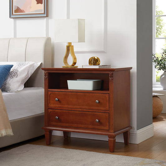 Open Space and 2 Drawers Dresser Nightstand with Charging Station, Farmhouse End Table with USB Ports and Outlets, Fluted Pilasters Design Side Table with Solid Wood Legs for Bedroom