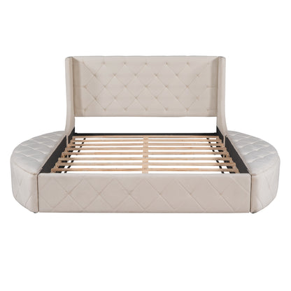 Upholstered Platform Bed Queen Size Storage Velvet Bed with Wingback Headboard and 1 Big Drawer,2 Side Storage Stool(Beige)