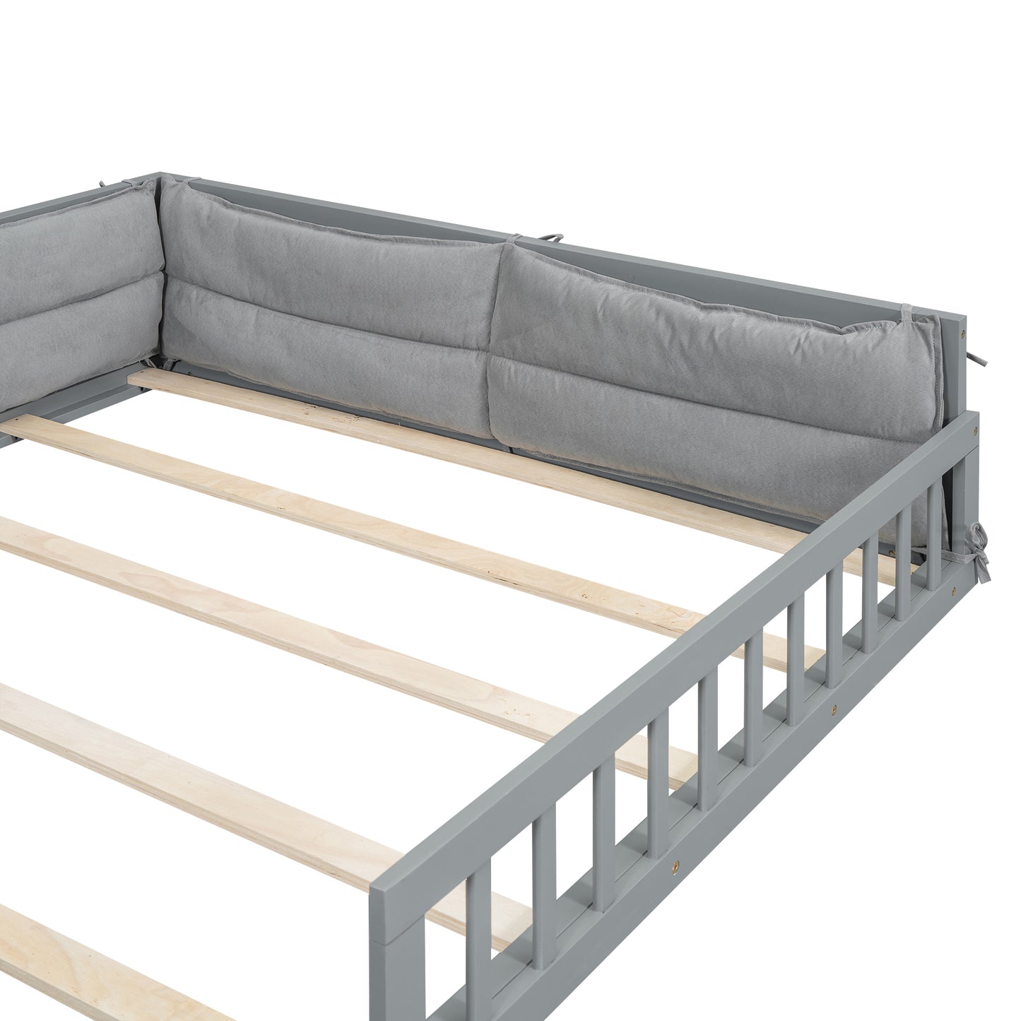 Wood Full Size Upholstered Platform Bed with Guardrail and Pillow, Gray