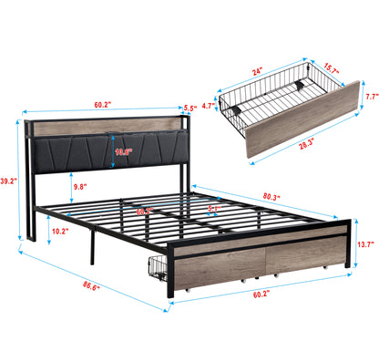 Queen Size  Metal Platform Bed Frame with upholstery storage function Headboard   and USB LINER  and Footboard with drawers , No Box Spring Needed, Large Under Bed Storage, Easy Assemble