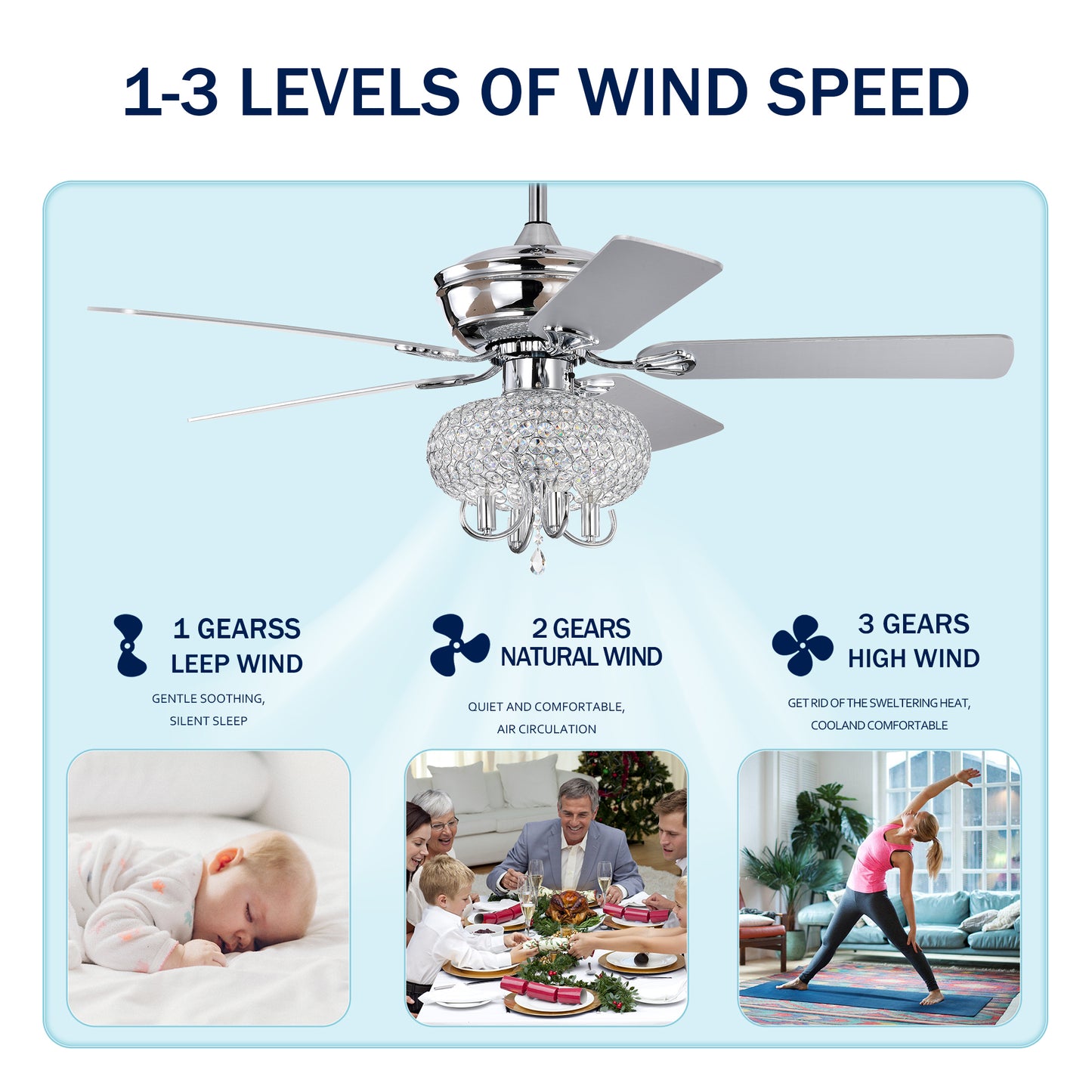 52 inch Crystal Ceiling Fan with Lights Fandelier Chandelier Reversible Blades 3 Wind Speeds Remote Control for Bedroom Living Dining Room--Chrome