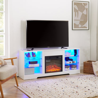 TV Stand Electric Fireplace TV Stand with Glass Shelves, 3D Fireplace TV Stand with LED Lights Wood with USB Charging Outlet Modern Television Table Center for TV up to 32-62" White 58''W*15.5''D*24.4