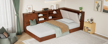 Wooden Twin Size L-shaped Daybed Floor Corner Bed with Storage Bookcase and Upholstered Headboard and USB Charging Ports for Limited Space, Walnut