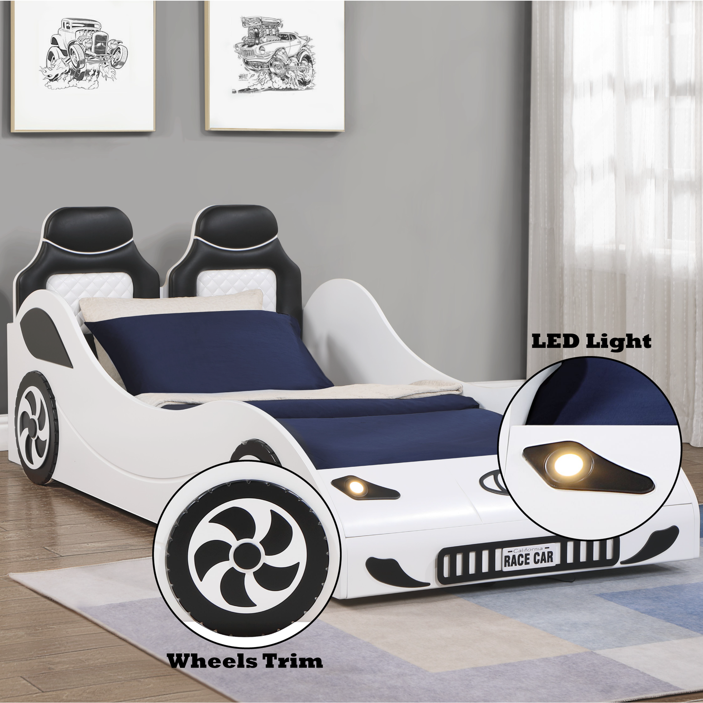 Colen White Finish Twin Car Bed with LED