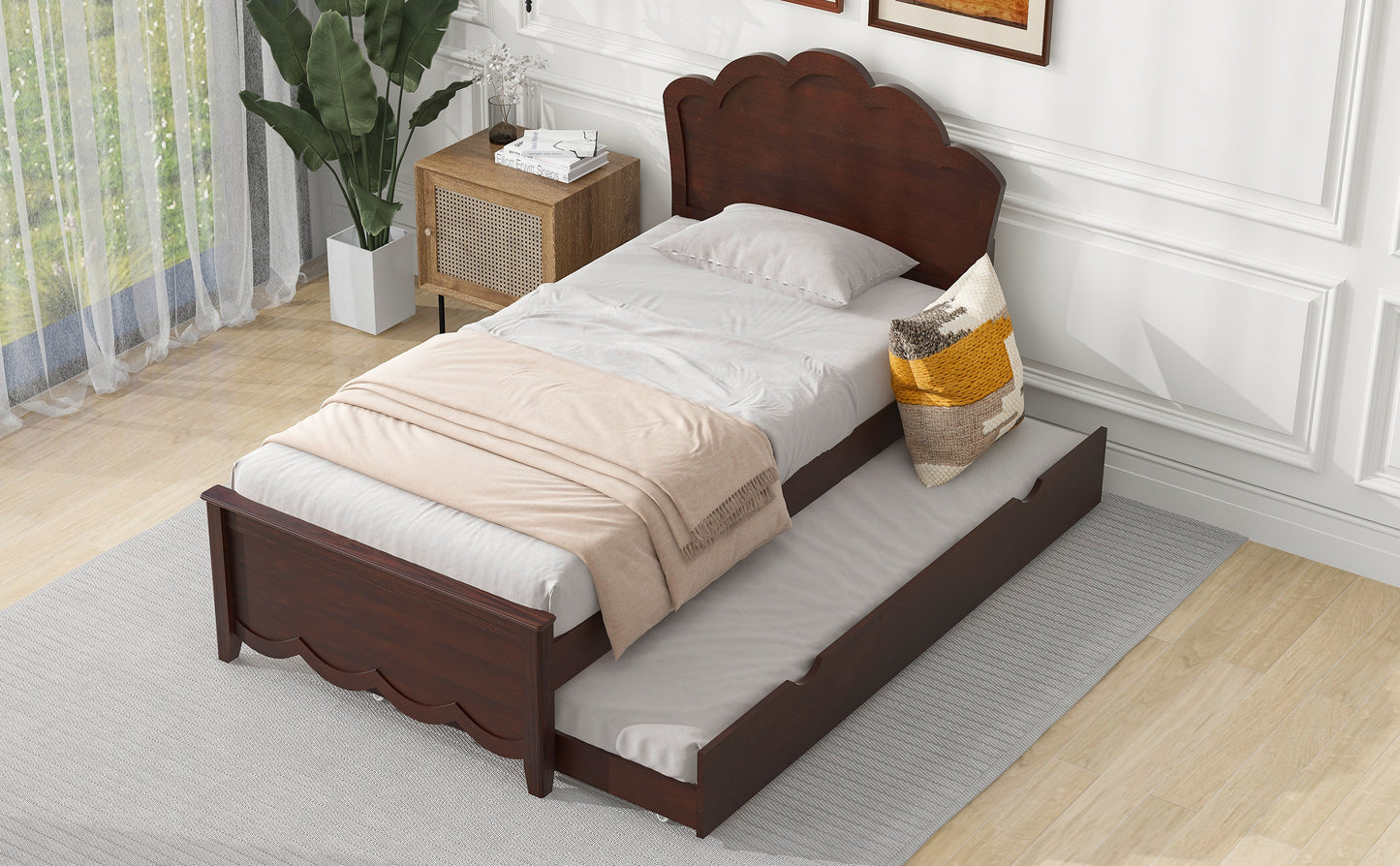 Twin Size Wood Platform Bed with Headboard and Twin Size Trundle, Cappuccino