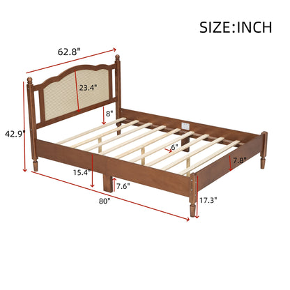 Queen Size Wooden Platform Bed with Natural Rattan Headboard, Vintage Bed Frame with Wooden Slat Support, Walnut