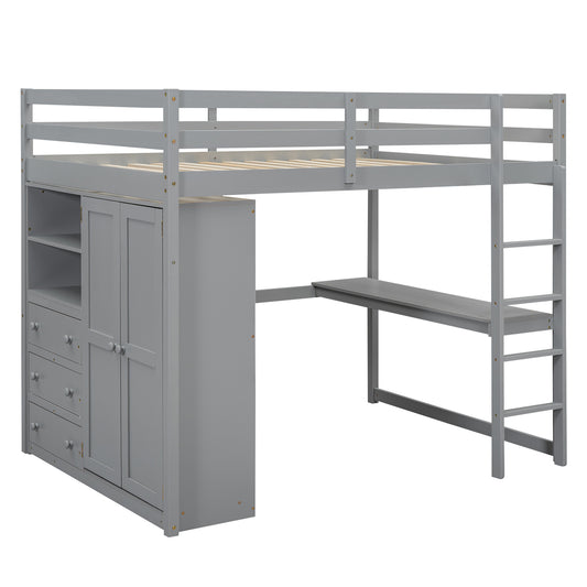 Gray Wood Full Size Loft Bed with Built-in Wardrobe, Desk, Shelves, and Drawers - Solid Pine Wood + MDF