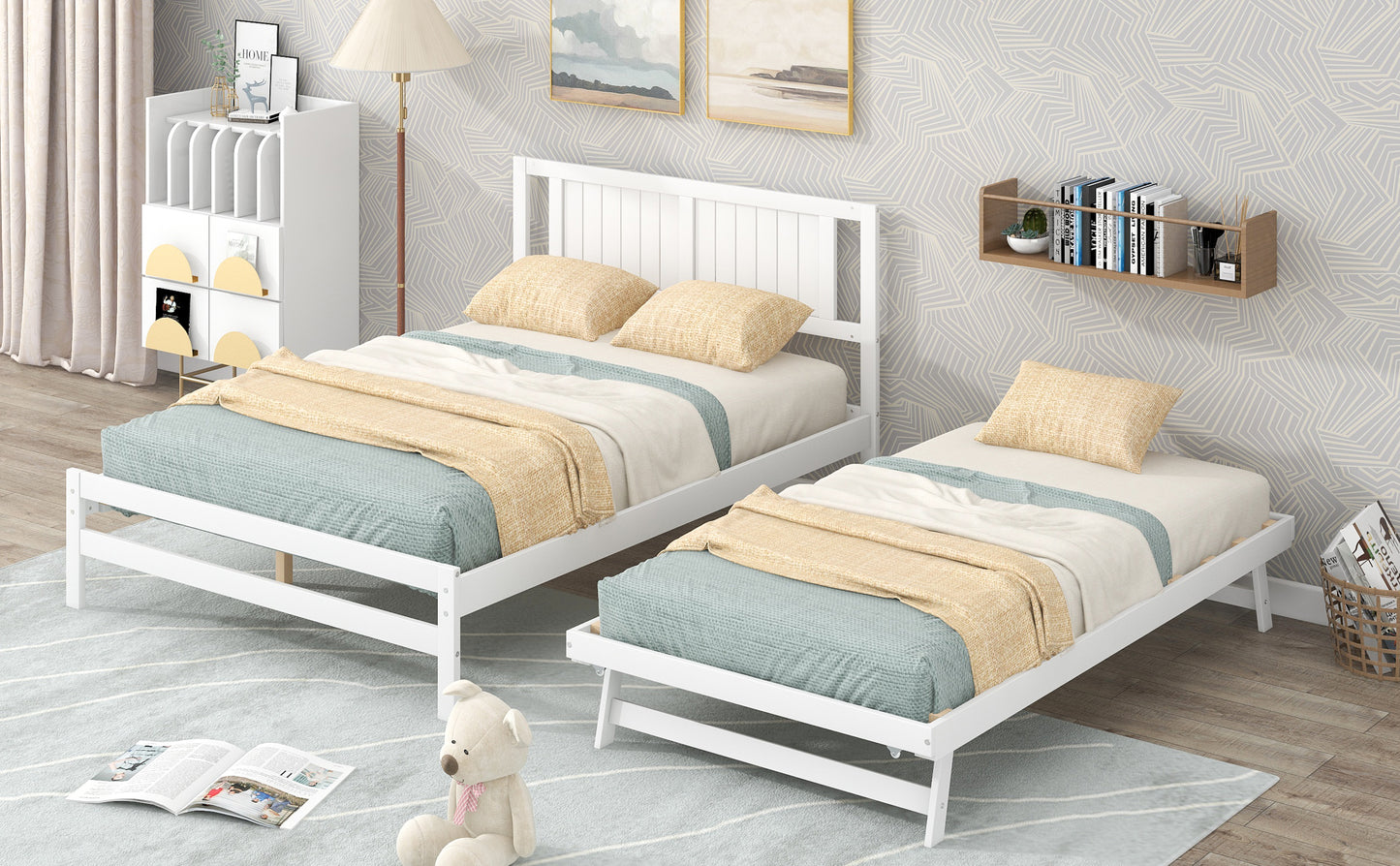 Full Size Platform Bed with Adjustable Trundle,White(Old SKU:SM000248AAK)