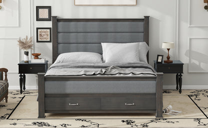 Queen Size Wood Frame Platform Bed with Upholstered Headboard, Footboard and 2 Drawers, Antique Gray