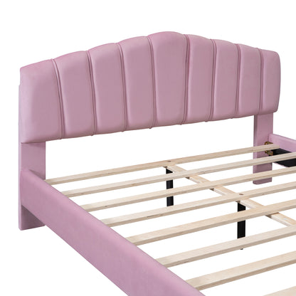 Queen Size Velvet Platform Bed with Thick Fabric, Stylish Stripe Decorated Bedboard and Elegant Metal Bed Leg, Pink