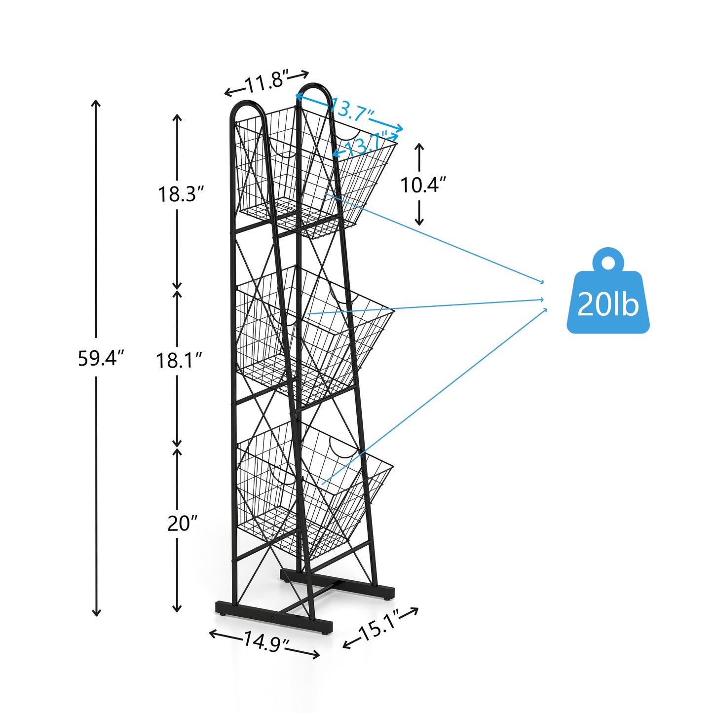 3-Tier Kitchen Storage Basket Organizer, Freestanding Metal Wire Rack for Fruit, Vegetables, and Pantry Items