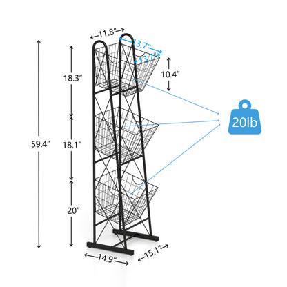 3-Tier Kitchen Storage Basket Organizer, Freestanding Metal Wire Rack for Fruit, Vegetables, and Pantry Items