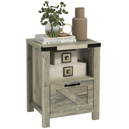 HOMCOM Farmhouse End Table, Rustic Side Cabinet with Storage, Small Side Table with Drawer, Wood Effect Tabletop for Living Room, Gray