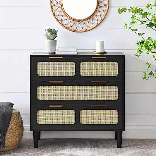 3 drawer dresser, modern rattan dresser cabinet with wide drawers and metal handles, farmhouse wooden storage chest of drawers for room, living room, hallway, entrance, office