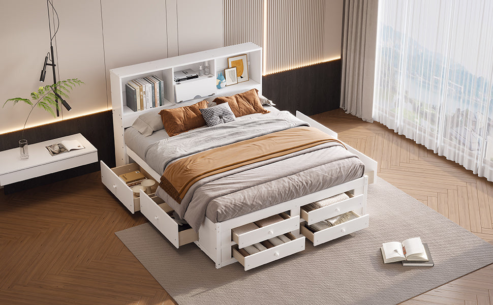 King Size Platform Bed with Storage Headboard and 8 Drawers, White