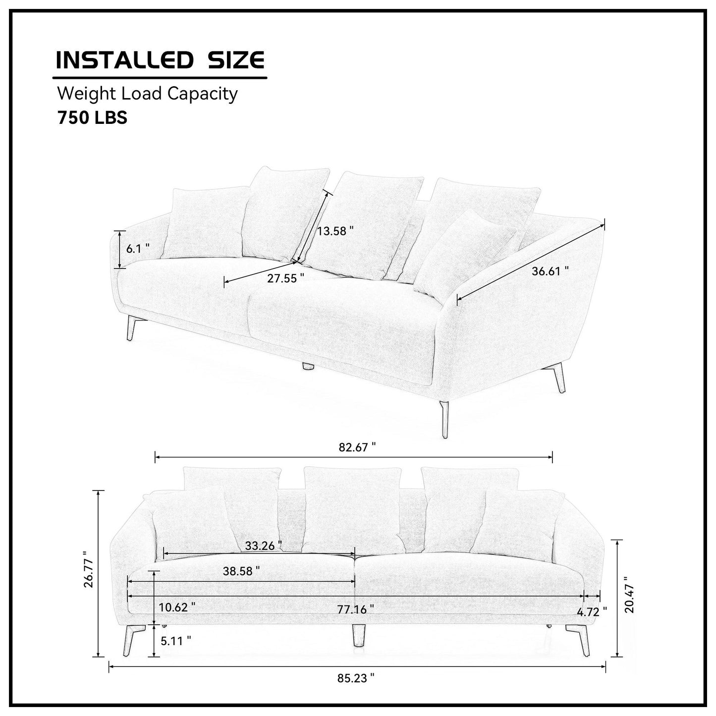 Modern Fabric Upholstered Sofa with Three Cushions, 2 Pillows, Light Grey