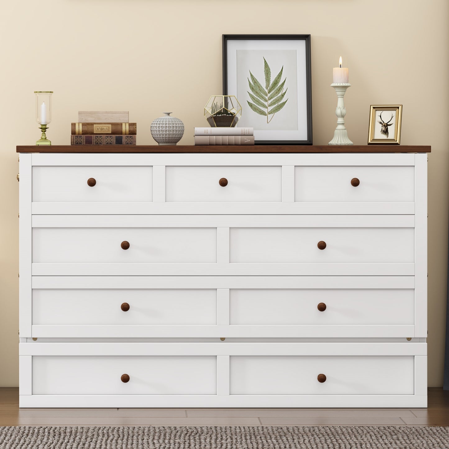 Solid Pine Murphy Bed Chest with Charging Station and Large Storage Drawer for Home Office or Small Room , Full, White+Walnut