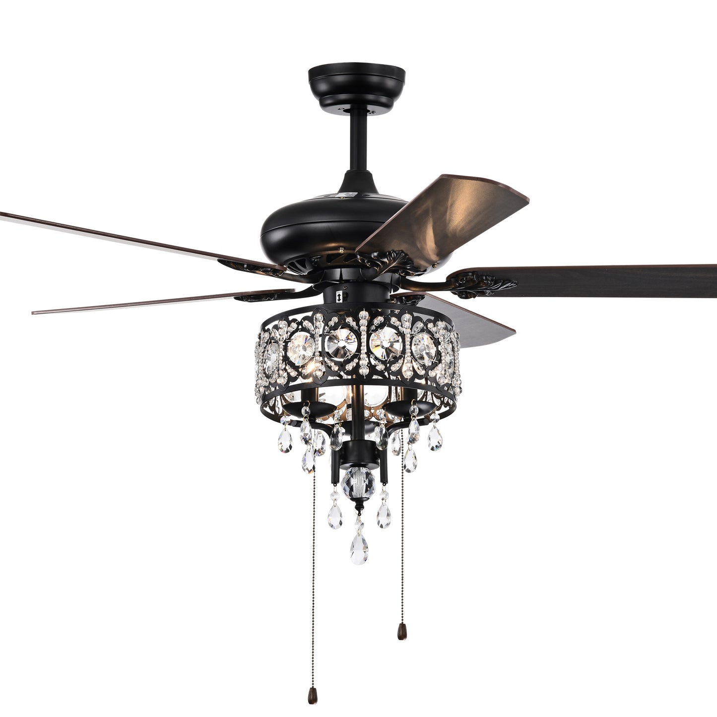 52'' Crystal Shade Ceiling Fan Lamp With Remote Control,3 Speed ,4 Timing , 5 Reversible Blades Crystal Ceiling Fan ,3PCS*E12  (NO Include Bulb) --  Hand Pull Chain