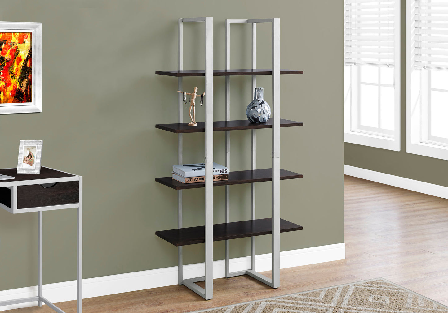 Bookshelf, Bookcase, Etagere, 4 Tier, 60"h, Office, Bedroom, Brown Laminate, Grey Metal, Contemporary, Modern