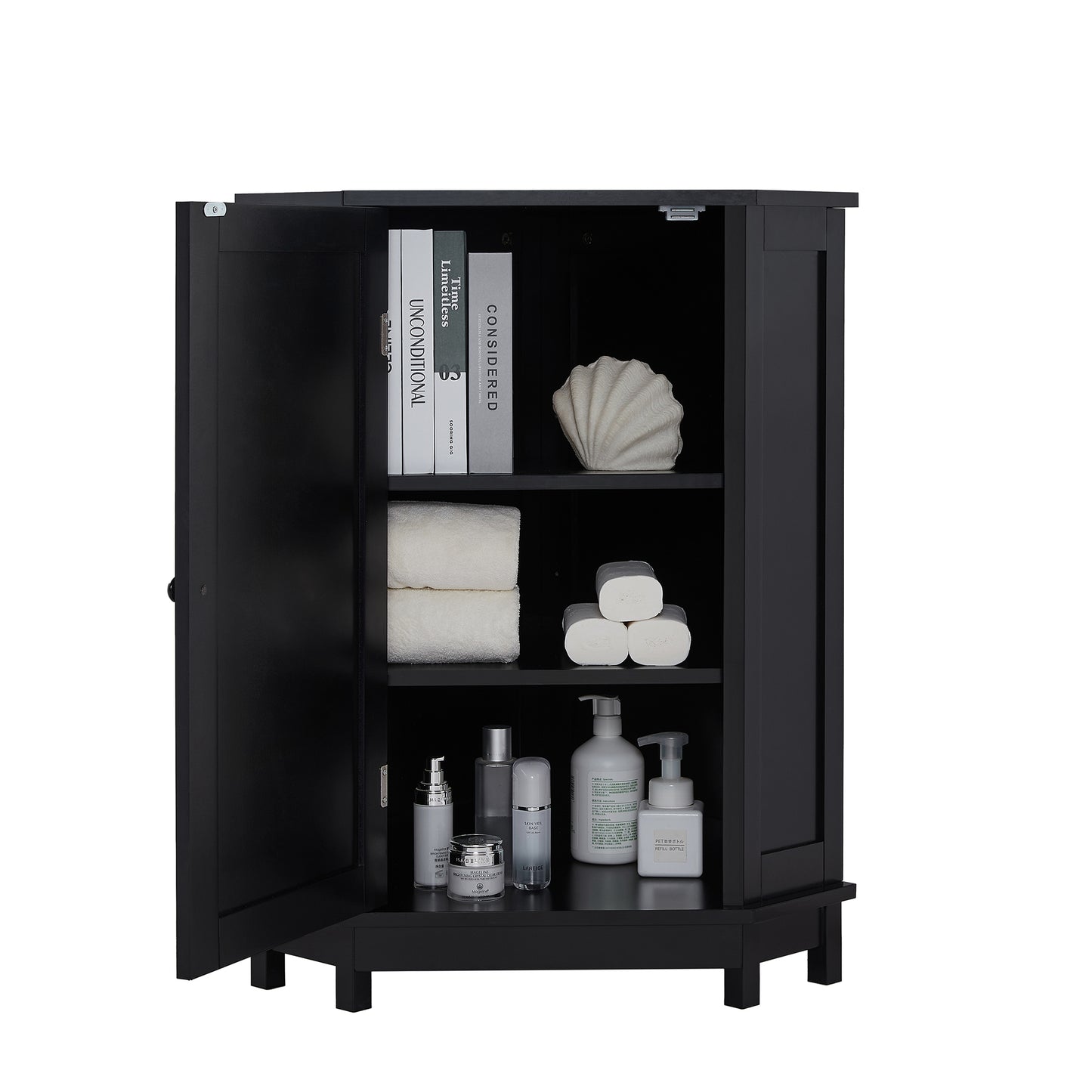 Black Bathroom Cabinet Triangle Corner Storage Cabinet with Adjustable Shelf Modern Style MDF Board