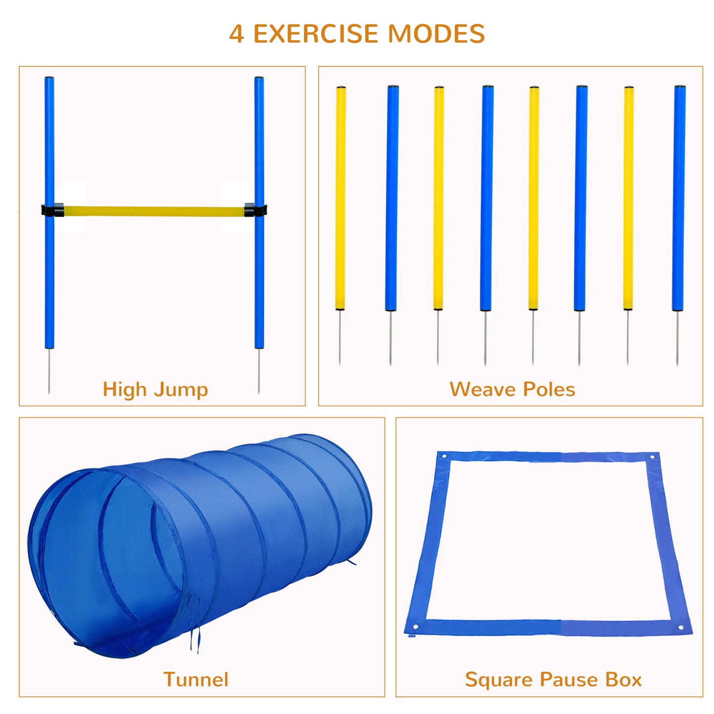 4PC Obstacle Dog Agility Training Course with Jump Hurdle, Tunnel, Pause Box, Weave Poles and Carrying Bag, Backyard Competitive Equipment- Blue/Yellow