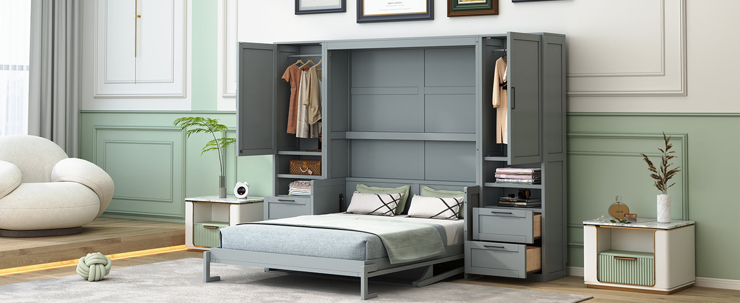 Queen Size Murphy Bed Wall Bed with Closet ,Drawers and Shelves,Gray