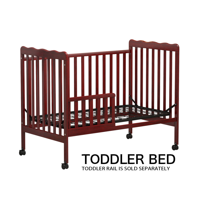 3-In-1 Convertible Crib In Cherry, Made Of Sustainable Pinewood, Non-Toxic Finish, Comes With Locking Wheels, Wooden Nursery Furniture