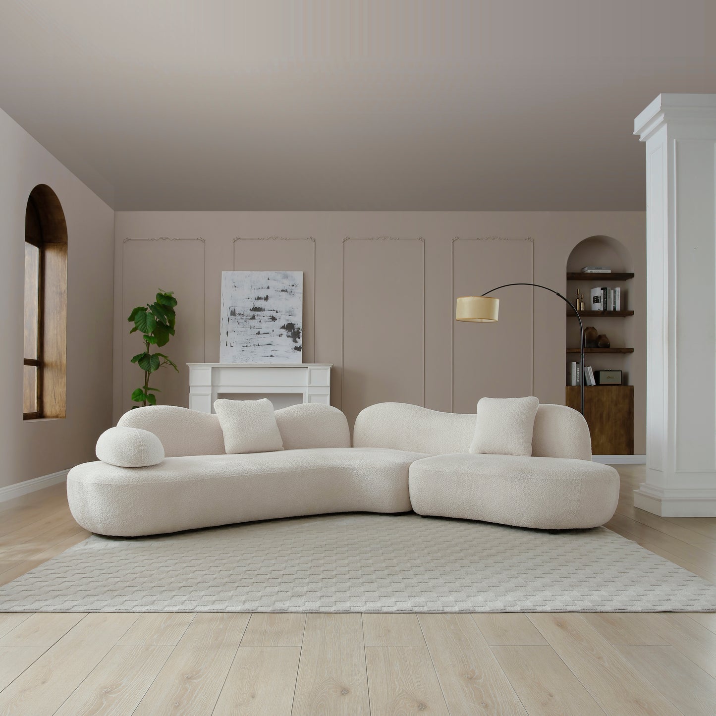 Modern Sectional Curved Sofa, White Boucle 5-Seater Modular Sofa Couch, Non-Compressed Upholstered Sofa with Solid Wood Frame with Unique Butterfly Backrest for Living Room, Bedroom, 2 Pillows