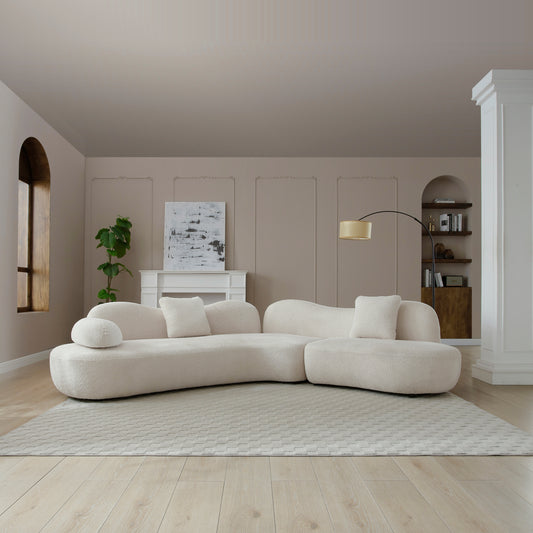 Modern Sectional Curved Sofa, White Boucle 5-Seater Modular Sofa Couch, Non-Compressed Upholstered Sofa with Solid Wood Frame with Unique Butterfly Backrest for Living Room, Bedroom, 2 Pillows