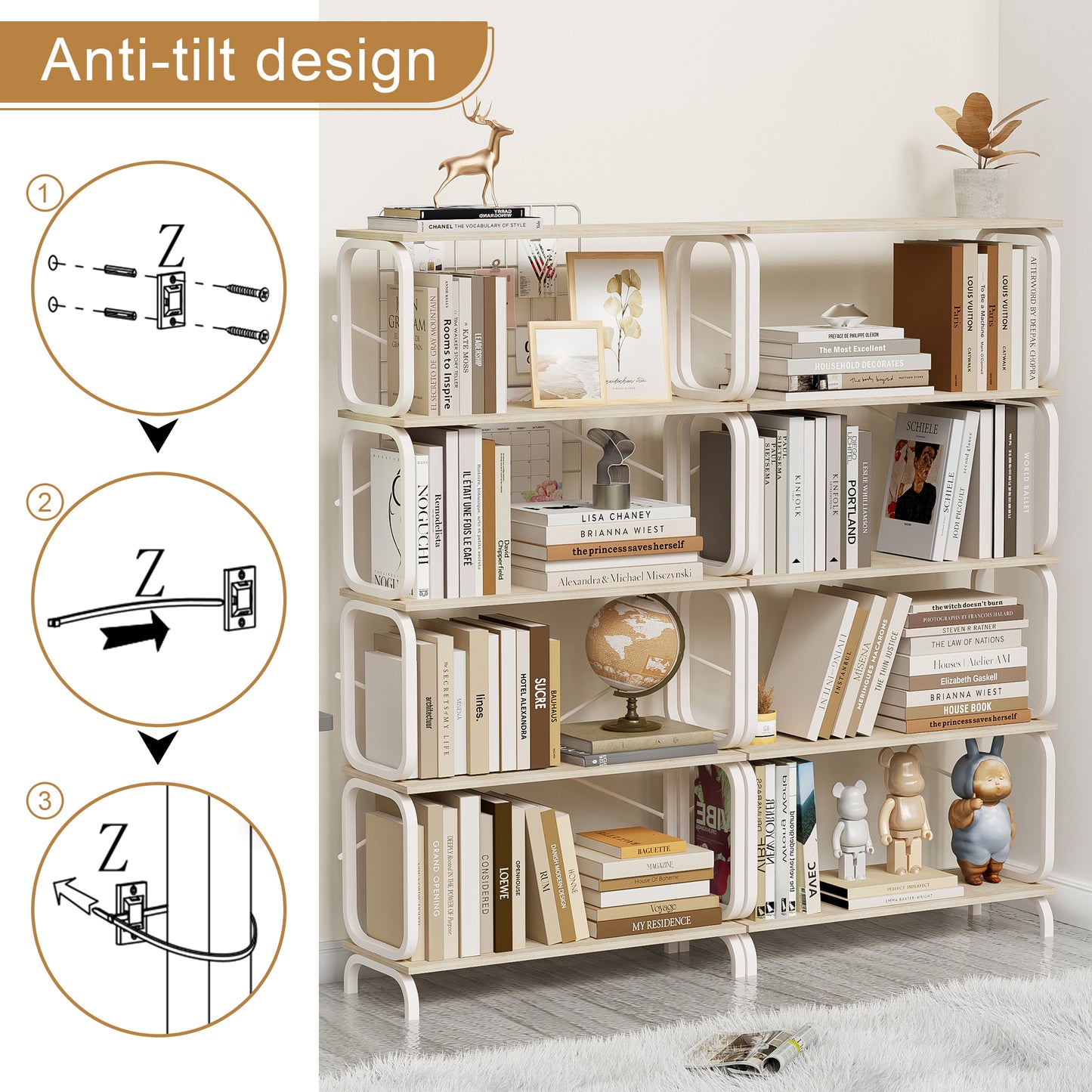 5 Tier Large Book Shelf, Bookcase Home Office Open Bookshelf,Shelves for Living Room, Office Shelf,Vintage Industrial Style Bookshelf with White Metal Frame, White