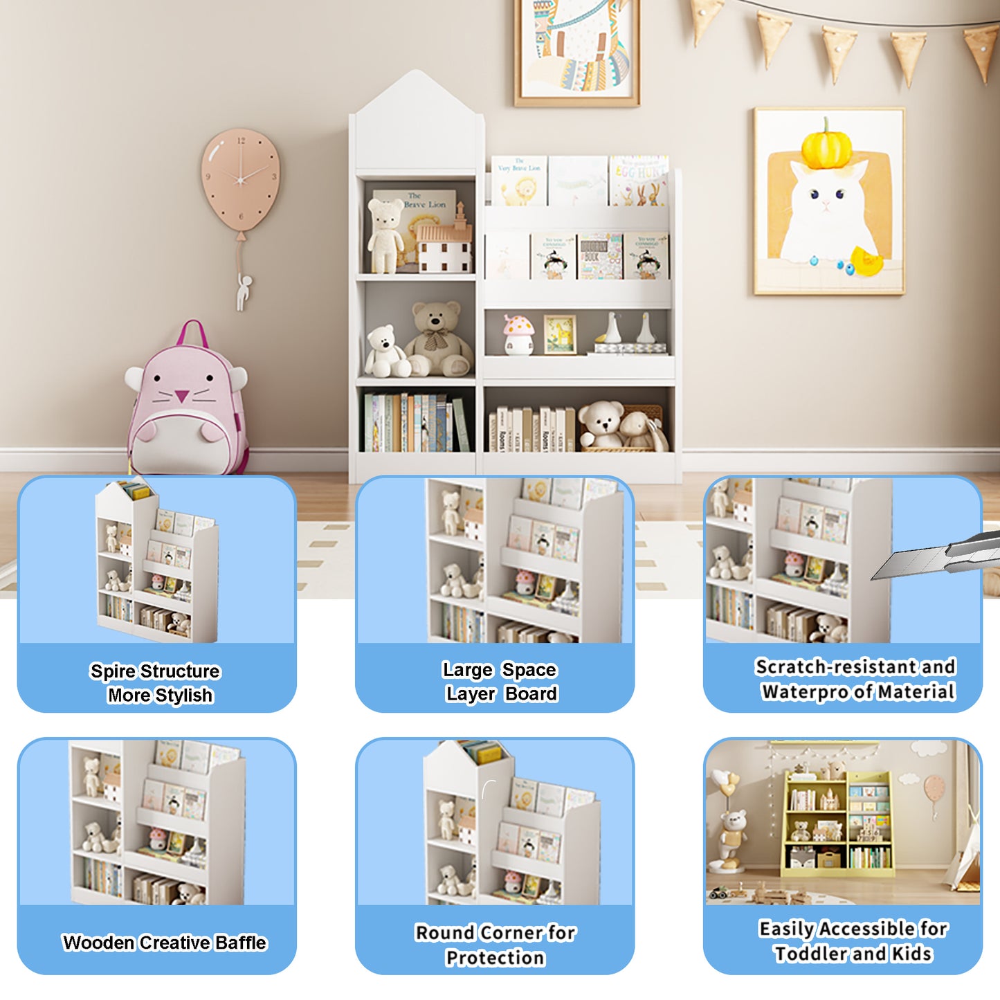 White Wooden Toy Storage Organizer Cabinet  Kids Bookshelf  Children Bookcase Toddler Baby Sling Book Rack Adjustable Shelf for Playroom Bedroom Nursery Hallway School Kindergarten Living Room