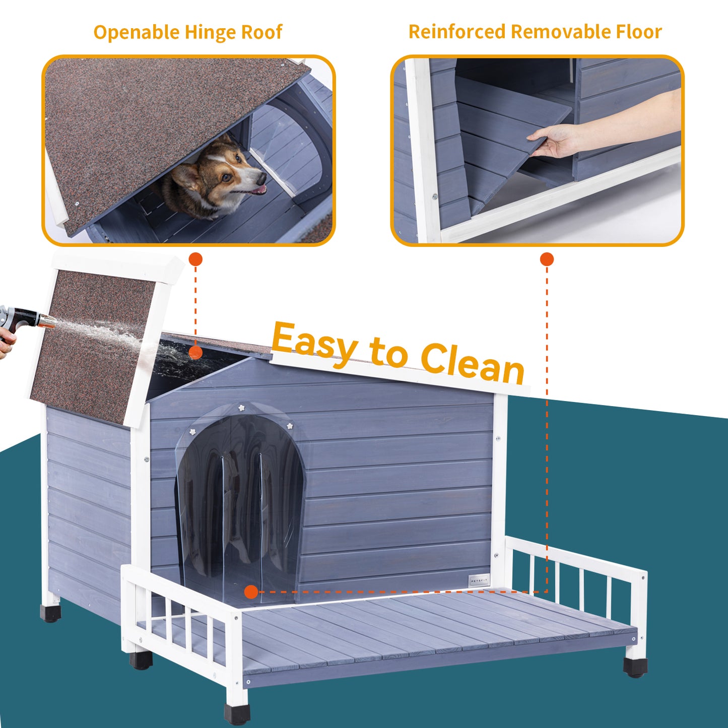 Large Wooden Dog House Indoor Outdoor with Terrace and Open Waterproof Asphalt Roof, Outdoor Dog House with Raised Floor, Windows and Door Curtains, Suitable for Small  and Medium Dogs