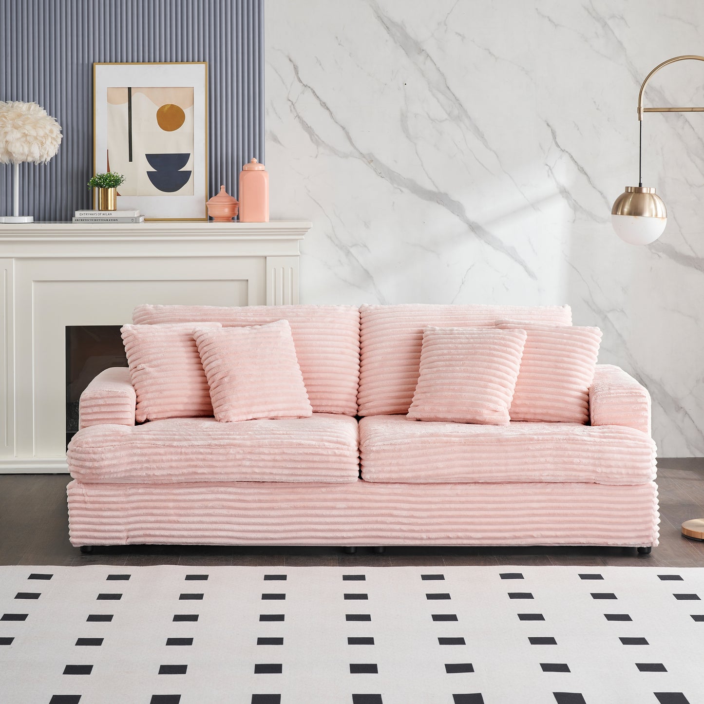 79.3 inches long,  Corduroy Sofa, with 4 Matching Toss Pillows Sleek Design Spacious and Comfortable 3 Seater Couch for Modern Living Room,PINK