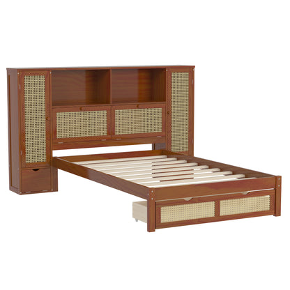 Twin Size Wooden Bed with Two Storage Lockers, Drawer, and Storage Shelf on Headboard, Multifunctional Platform Bed with Natural Rattan, Walnut