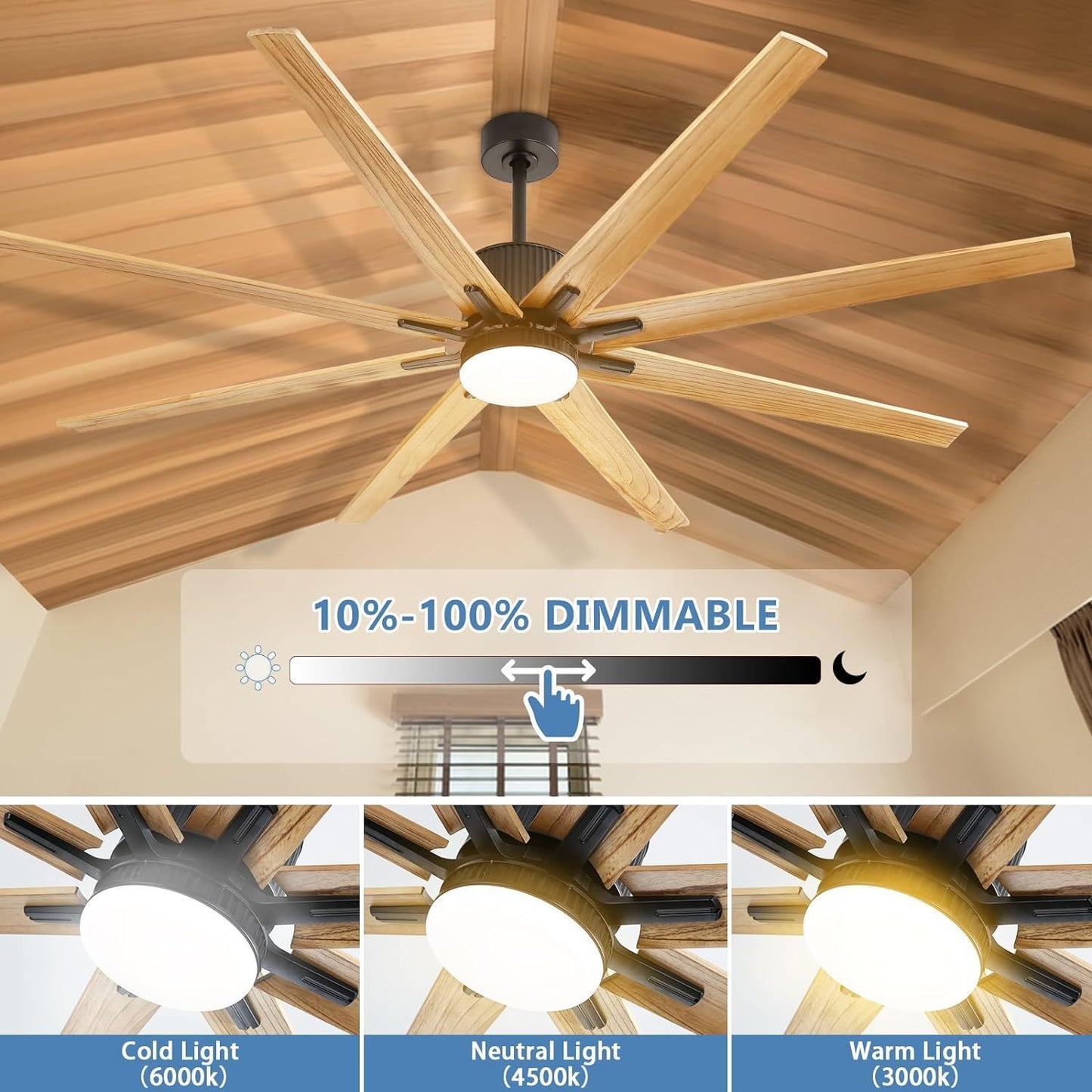 76 Inch Ceiling Fan with Lights Remote Control 8 Solid Wood Blades with 18W Dimmable LED Light