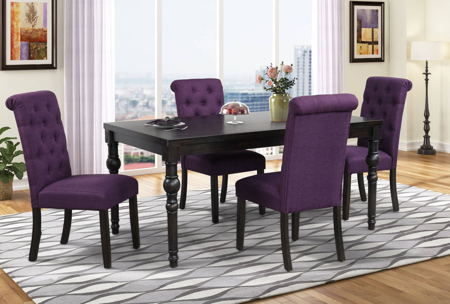 Leviton Urban Style Wood Dark Wash Turned-Leg Dining Set: Table and 4 Chairs, Purple