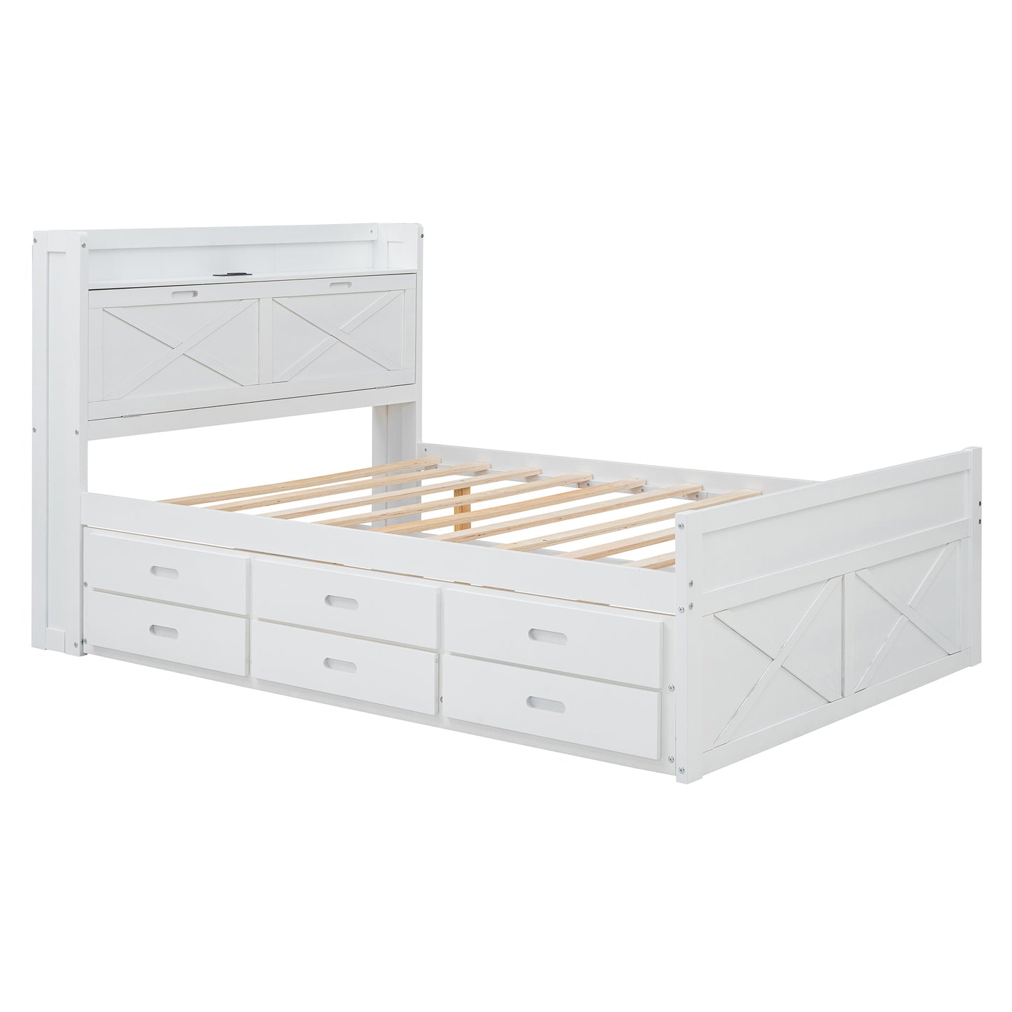 Full Size Wooden Bed with Storage Headboard with Outlets, Extendable Bed with Twin Size Trundle with Three Storage Drawers,White
