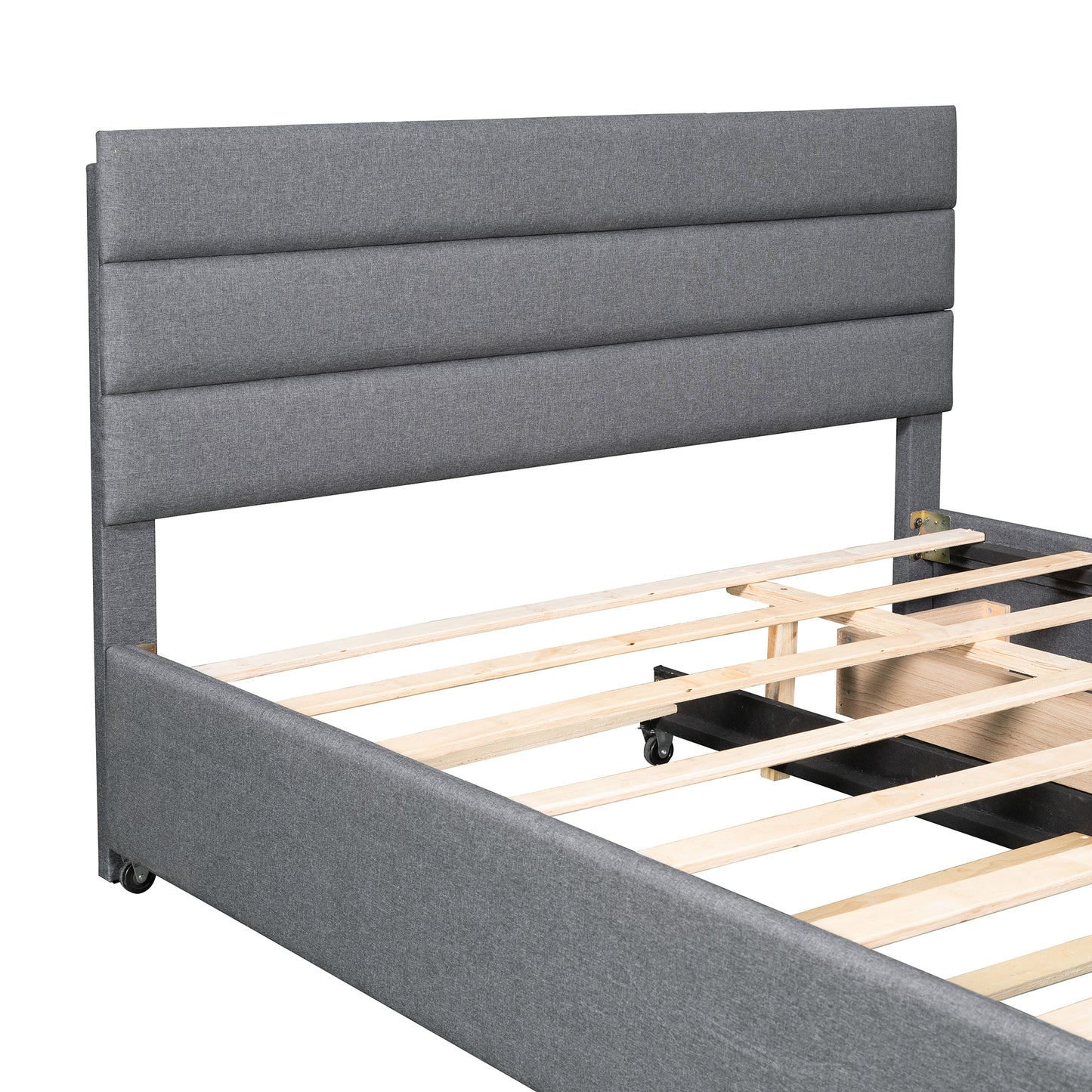 Queen Upholstered Platform Bed with Twin Size Trundle and Two Drawers,Grey