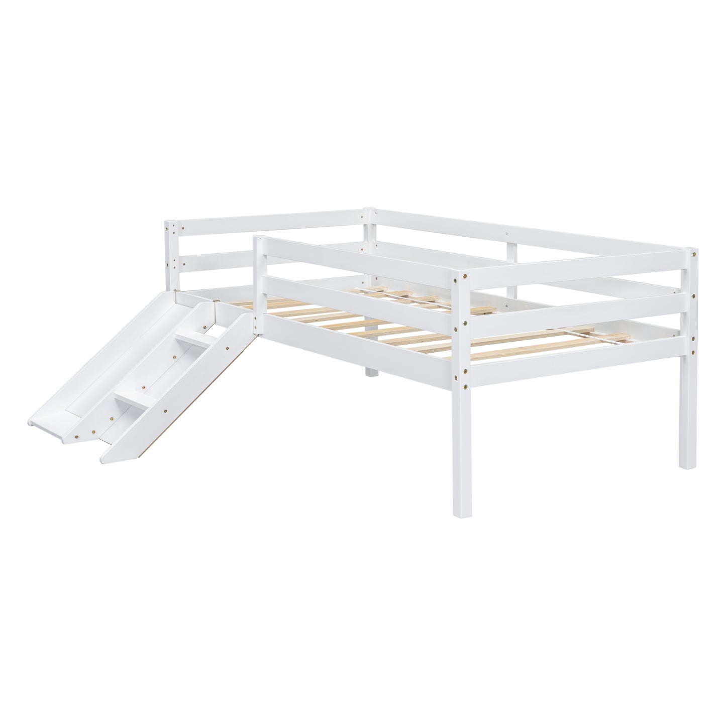 Twin Low Loft Bed with Slide,  Ladder, Safety Guardrails, No Box Spring Needed,White