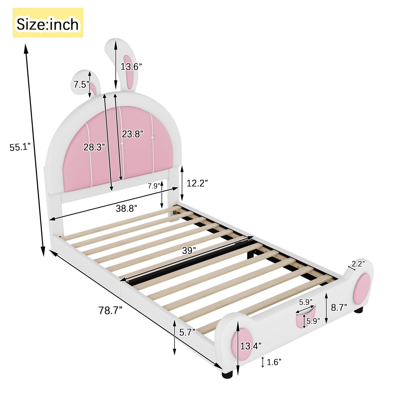 Twin Size Upholstered Platform Bed with Rabbit Shaped Headboard, White