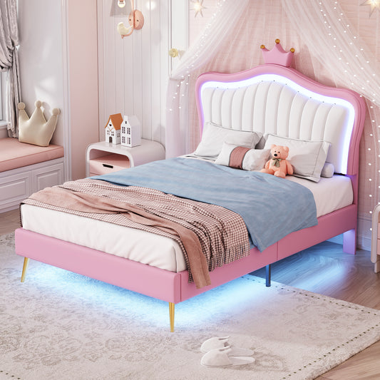 Twin Size Upholstered Bed Frame with LED Lights, Modern Upholstered Princess Bed With Crown Headboard,White+Pink