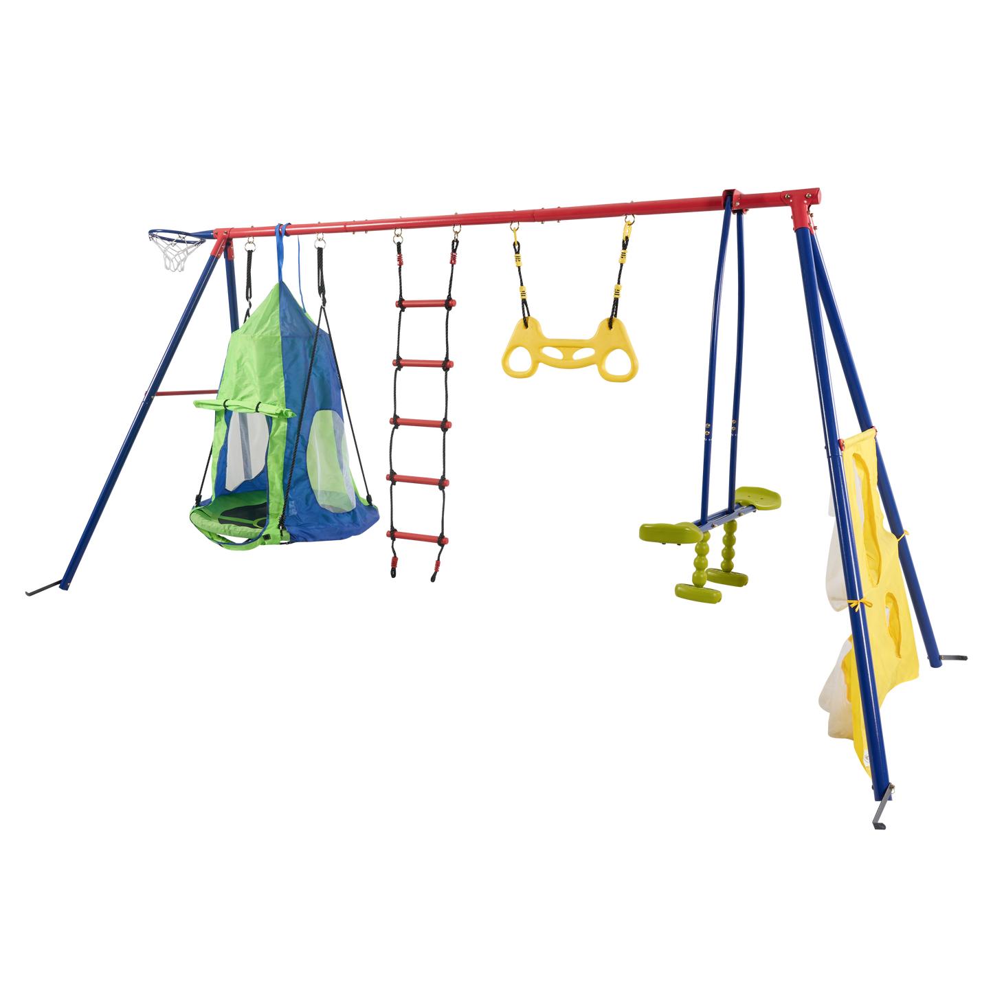 XNS092 rinbow colour interesting four function swingset with net swing and face to face metal plastic safe swing seat 550lbs for outdoor playground for age 3+