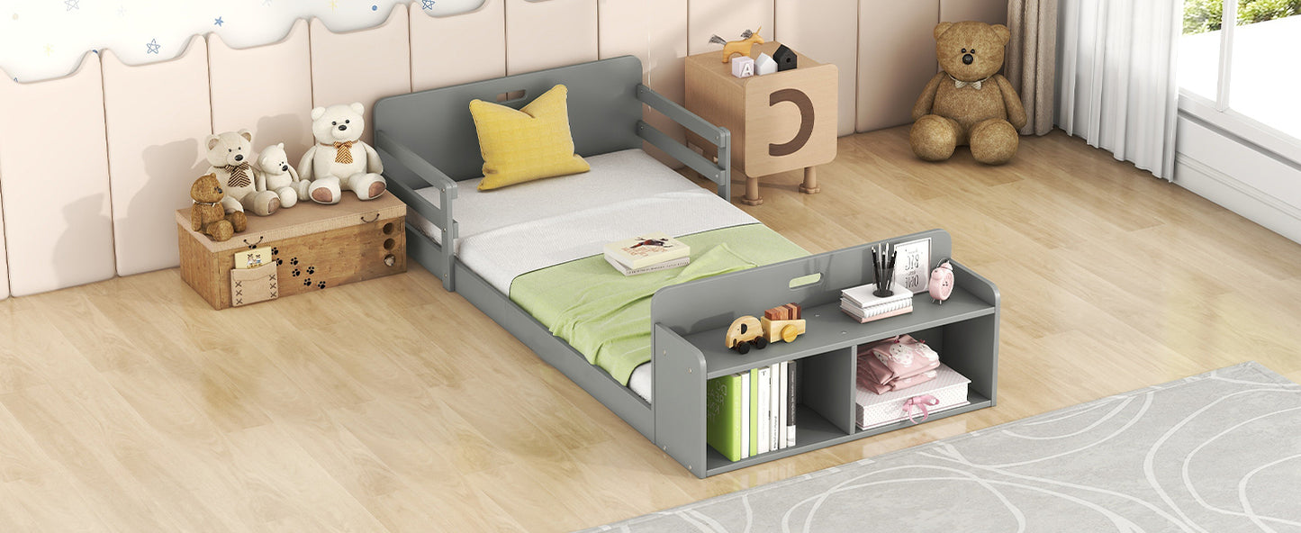 Twin Size Floor Bed with Storage Footboard and Guardrail, Grey