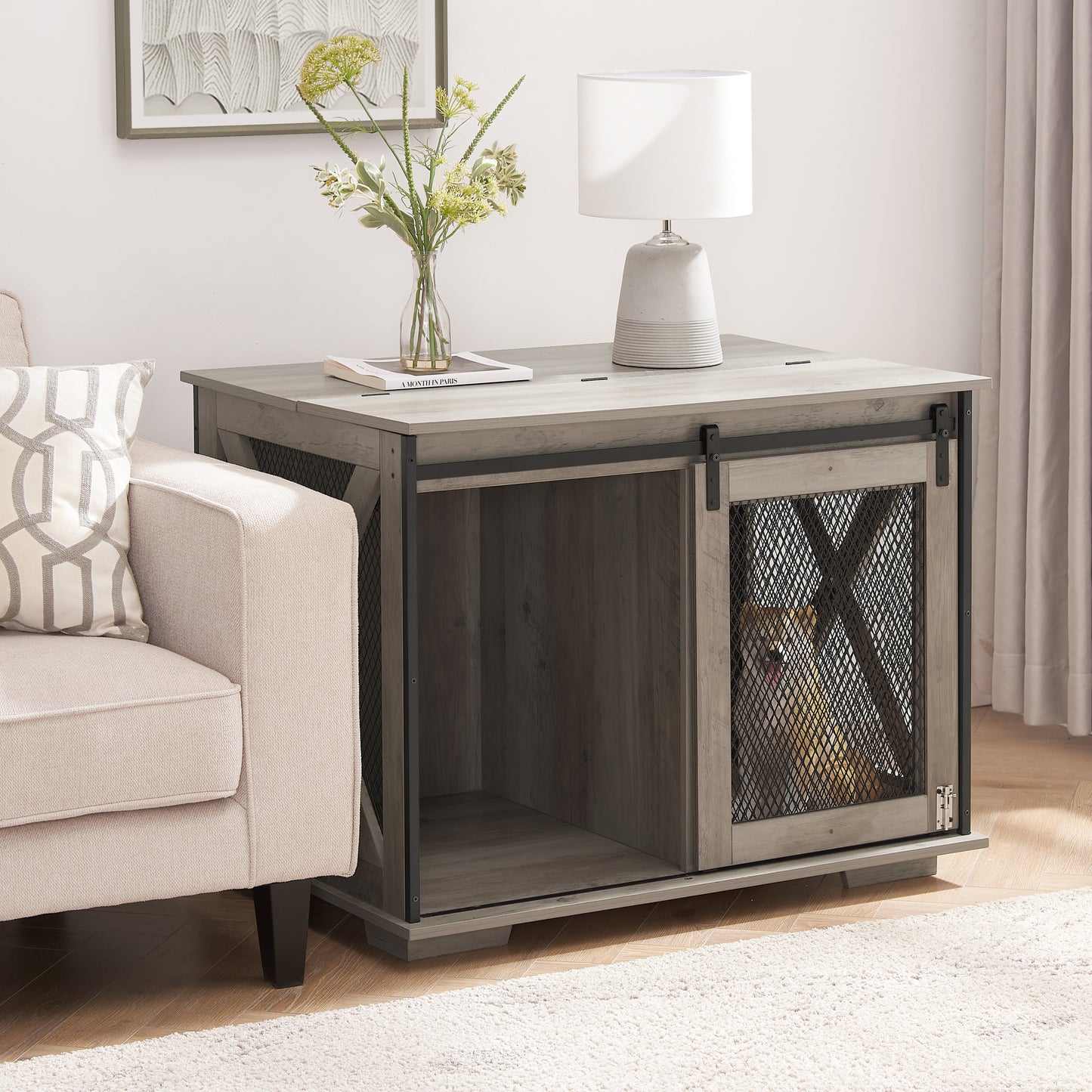 Farmhouse Dog Cage Crate Furniture with Sliding Barn Door,  Farmhouse Wooden Dog Kennel End Table with Flip-top Plate Dog House with Detachable Divider for Small/Medium/Large Dog Gray