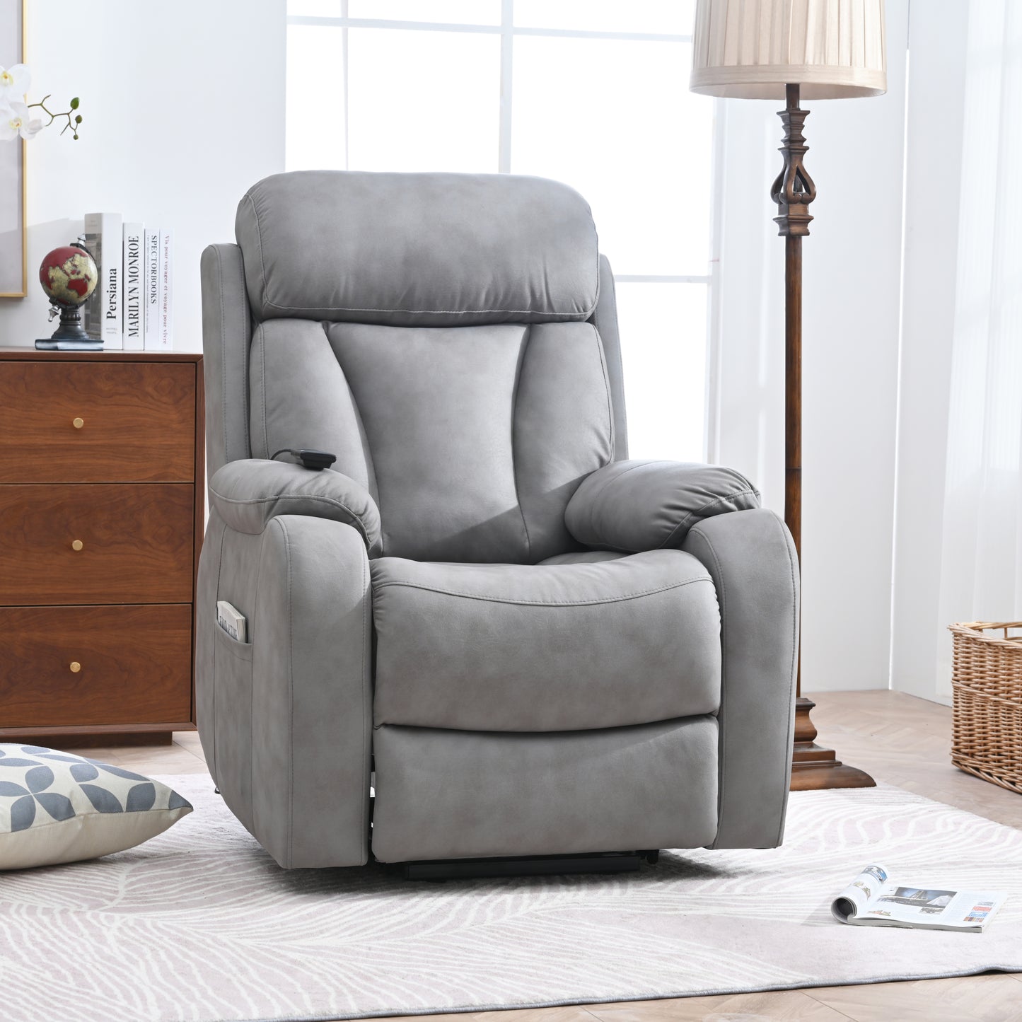 Electric Power Lift Recliner Chair for Elderly, Fabric Recliner Chair for Seniors, Home Theater Seating,Living Room Chair,Side Pocket, Remote Control (Light Gray)