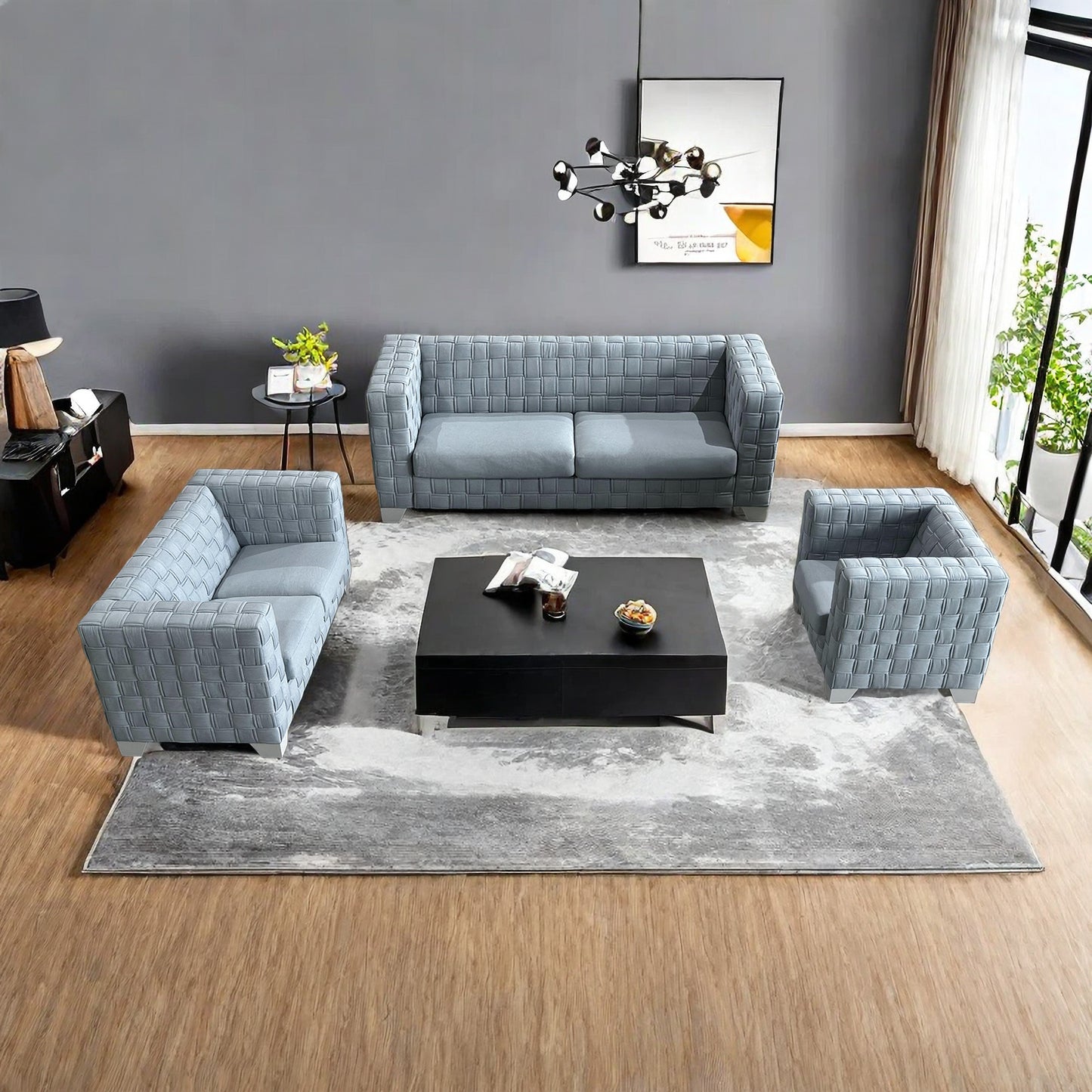 FX-D1 SOFA SET Include Chair Loveseat And Sofa Light Blue ColorLinen &  White color sofa legs