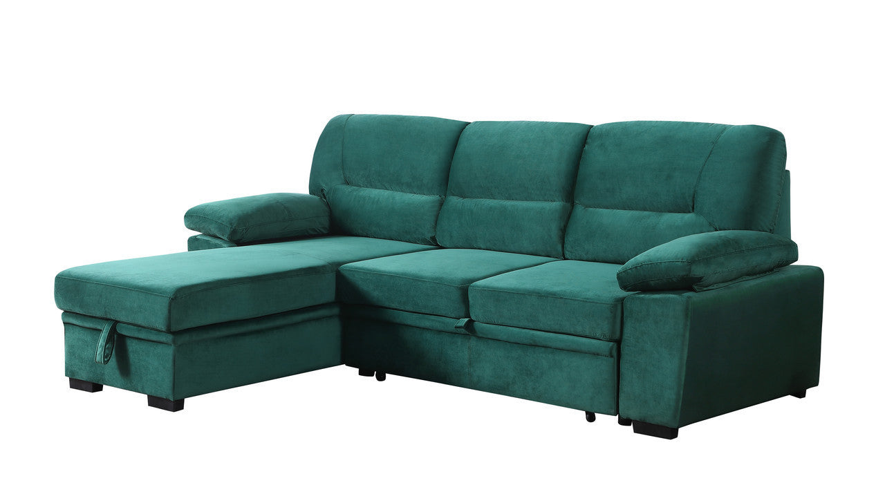 Kipling 97.5" Green Velvet Fabric Reversible Sleeper Sectional Sofa Chaise