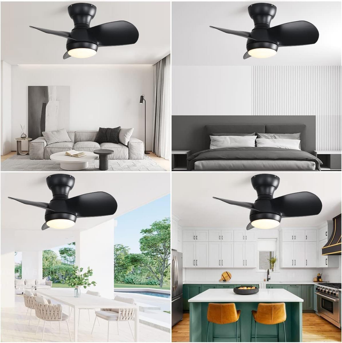 23 Inch Bedroom Ceiling Fan With 3 Color Dimmable 3 ABS Blades Remote Control DC Motor Black With 18W Led Light