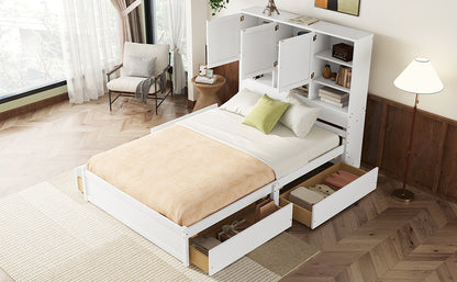 Queen Size Platform Bed with Storage Headboard and 4 Drawers, White