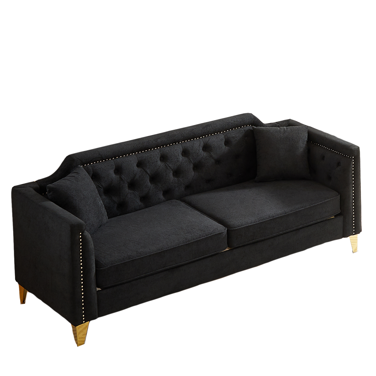 FX81"Mid-century design modern sofa,Chenille Pull Buckle Design Sofa for Living Room,Buttons Tufted With Copper Nail Decoration Armrest, with 2 Pillows,Modern Couch Upholstered Button And Metal Legs